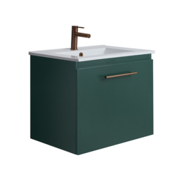 Dark Green Modern 600mm Wall Hung Vanity Unit with Brushed Copper Bar Handle - thumbnail 3
