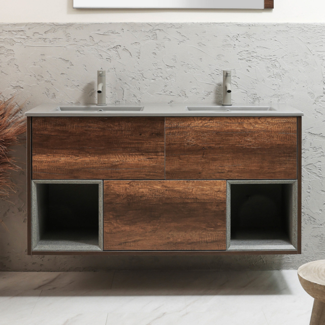 1200mm Dark Oak Wall Hung Vanity Unit with Pebble Double Basin - No LED - Milano Bexley - image 1