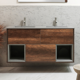 1200mm Dark Oak Wall Hung Vanity Unit with Pebble Double Basin - No LED - Milano Bexley
