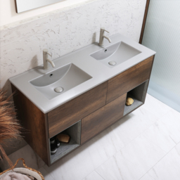 1200mm Dark Oak Wall Hung Vanity Unit with Pebble Double Basin - No LED - Milano Bexley - thumbnail 3