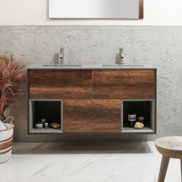 1200mm Dark Oak Wall Hung Vanity Unit with Pebble Double Basin - No LED - Milano Bexley - thumbnail 2