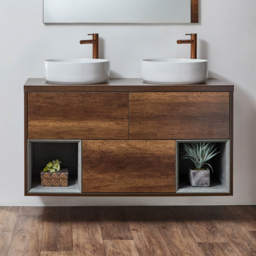 Milano Bexley - Dark Oak 1200mm Wall Hung Open Shelf Vanity Unit with Round Countertop Basins