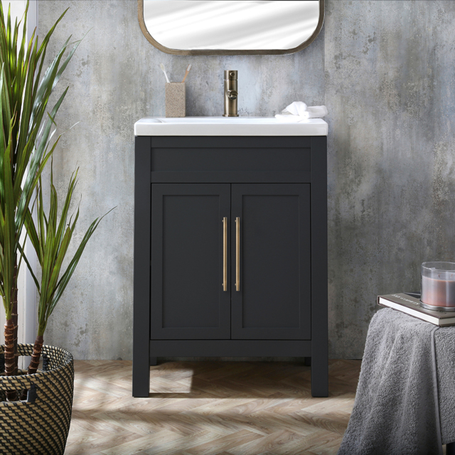 Milano Aston - Black Grey 600mm Traditional Vanity Unit with Basin and Aged Gold Modern T-Bar Handles