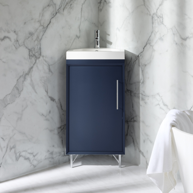 450mm Navy Modern Free Standing Corner Vanity Unit with Chrome Bar Handle - image 1