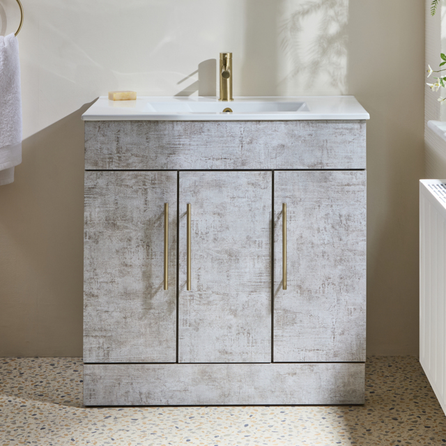 Milano Lurus - Concrete Grey 810mm Modern Vanity Unit with Basin and Brushed Brass T-Bar Handles