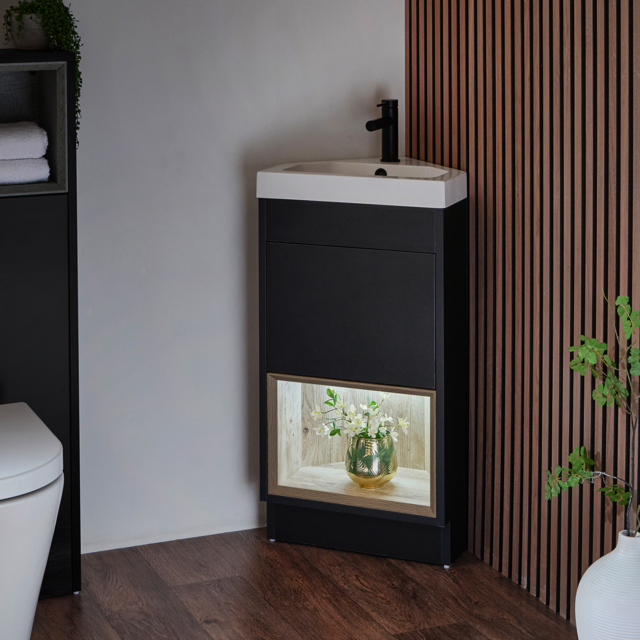 Milano Bexley - Black Grey 450mm Modern Open Shelf Cloakroom Corner Vanity Unit with Basin and LED Light