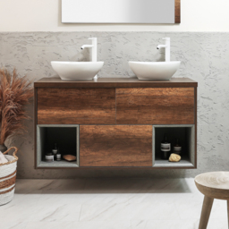 Milano Bexley - 1200mm Wall Hung Dark Oak Open Shelf Vanity Unit with Oval Chalk Countertop Basins and LED Light