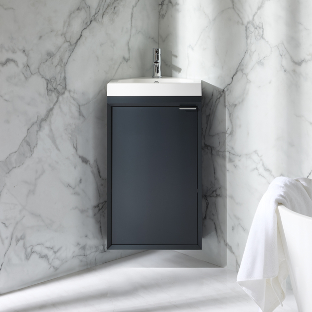 Milano Edge - Anthracite 450mm Wall Hung Modern Cloakroom Corner Vanity Unit with Basin and Chrome Finger Pull Handle
