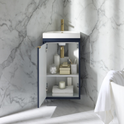 Navy Blue 450mm Wall Hung Modern Cloakroom Corner Basin Vanity Unit and Brushed Brass Finger Pull Handle Milano Edge - thumbnail 3