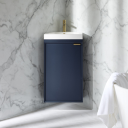Navy Blue 450mm Wall Hung Modern Cloakroom Corner Basin Vanity Unit and Brushed Brass Finger Pull Handle Milano Edge