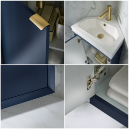 Navy Blue 450mm Wall Hung Modern Cloakroom Corner Basin Vanity Unit and Brushed Brass Finger Pull Handle Milano Edge - thumbnail 5