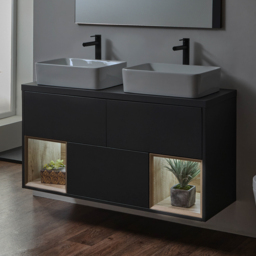 Milano Bexley - Black Grey 1200mm Wall Hung Open Shelf Vanity Unit with Rectangular Countertop Basins and LED Light