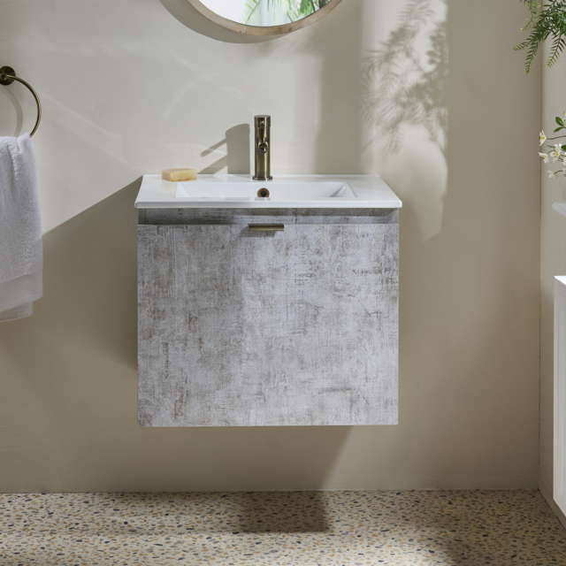 Milano Lurus - Concrete Grey 600mm Wall Hung Modern Vanity Unit with Basin and Brushed Gold Finger Pull Handle