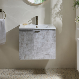 Milano Lurus - Concrete Grey 600mm Wall Hung Modern Vanity Unit with Basin and Brushed Gold Finger Pull Handle