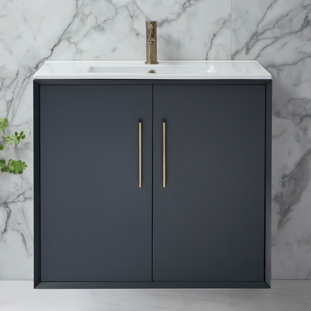 800mm Wall Hung Vanity Unit with Inset Basin, Anthracite with Gold Bar Handle - image 1