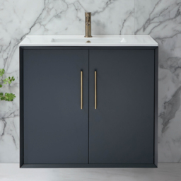 800mm Wall Hung Vanity Unit with Inset Basin, Anthracite with Gold Bar Handle
