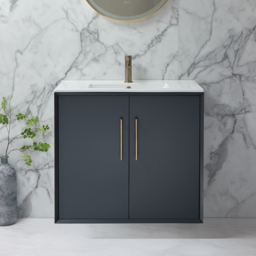 800mm Wall Hung Vanity Unit with Inset Basin, Anthracite with Gold Bar Handle - thumbnail 2
