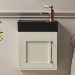 Milano Thornton - Antique White 400mm Wall Hung Traditional Cloakroom Vanity Unit with Black Basin and Classic T-Bar Aged Bronze Handle