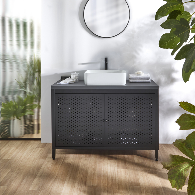 Milano Beswick - Black Metal 1200mm Vanity Unit with Black Grey Countertop and Rectangular Basin