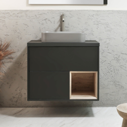 Milano Bexley - 800mm Wall Hung Black Grey Open Shelf Vanity Unit with Rectangular Pebble Countertop Basin