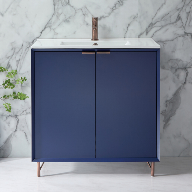 Milano Edge - Navy Blue 810mm Modern Vanity Unit with Basin and Aged Bronze Finger Pull Handles