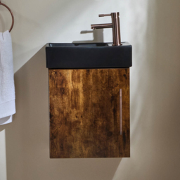 Milano Lurus - Dark Oak 400mm Wall Hung Modern Cloakroom Vanity Unit with Black Basin and Aged Bronze T-Bar Handle