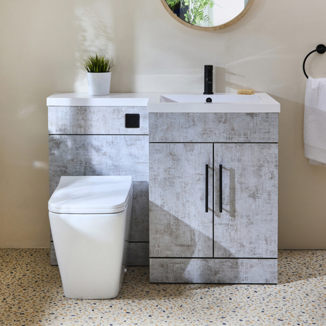 Milano Lurus - Concrete Grey 1105mm Modern Right-Hand Vanity and WC Combination Unit with Longton Toilet - Black T-Bar Handles