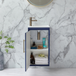 400mm Wall Hung Navy Vanity Unit with Inset Basin & Gold Bar Handle - thumbnail 3