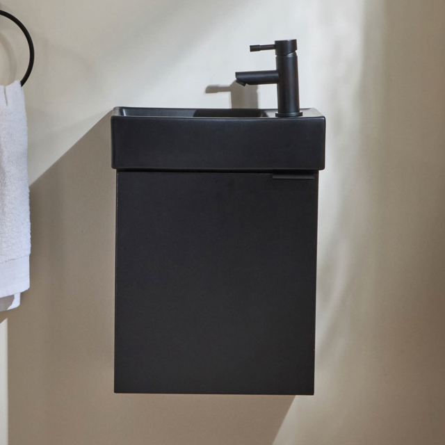 Milano Lurus - Black Grey 400mm Wall Hung Modern Cloakroom Vanity Unit with Black Basin and Black Finger Pull Handle