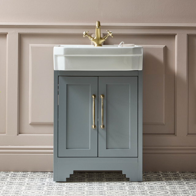 Milano Thornton - Light Grey 570mm Traditional Vanity Unit with Basin and Classic T-Bar Aged Gold Handles