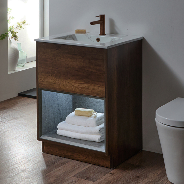 Milano Bexley - Dark Oak 612mm Floor Standing Open Shelf Vanity Unit with Marble Effect Basin and LED Light