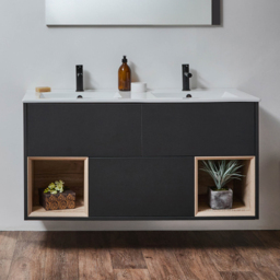 Milano Bexley - Black Grey 1210mm Wall Hung Open Shelf Vanity Unit with White Double Basin