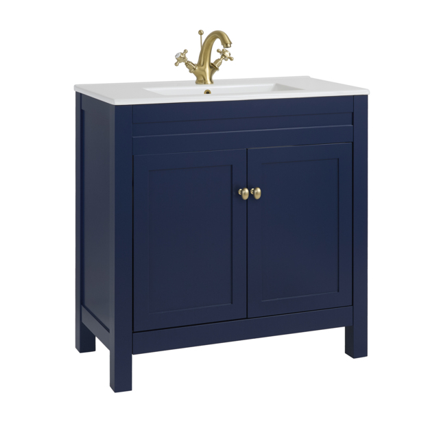 Milano Aston - Navy 800mm Traditional Vanity Unit with Basin and Brushed Brass Classic Round Handles