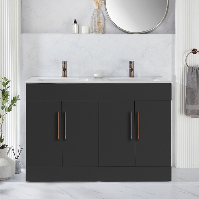 Milano Lurus - Black Grey 1210mm Modern Vanity Unit with Double Basin and Aged Bronze T-Bar Handles