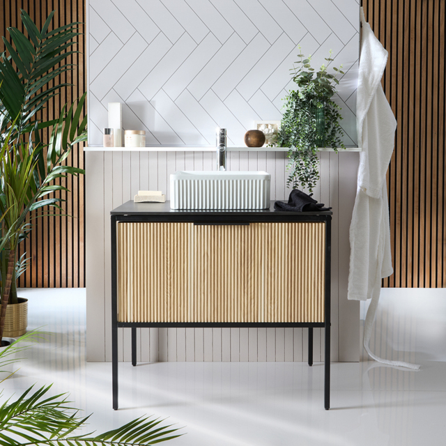 Milano Florence - Black and Light Oak 800mm Fluted Vanity Unit with Fluted Square Countertop Basin
