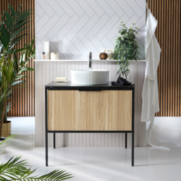 Milano Florence - Black and Light Oak 800mm Fluted Vanity Unit with Fluted Round Countertop Basin