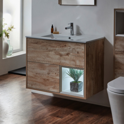 Milano Bexley - Light Oak 810mm Wall Hung Open Shelf Vanity Unit with White Basin and LED Light