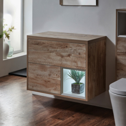 Milano Bexley - Light Oak 800mm Wall Hung Open Shelf Vanity Unit with LED Light
