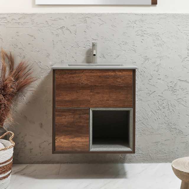 Milano Bexley - 612mm Wall Hung Dark Oak Open Shelf Vanity Unit with Pebble Basin and LED Light