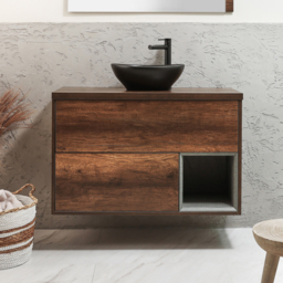 Milano Bexley - 1000mm Dark Oak Wall Hung Vanity Unit with Oval Graphite Countertop Basin - With LED