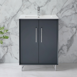 Anthracite Grey 600mm Modern Free Standing Basin Vanity Unit with Chrome T-Bar Handle