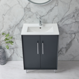 Anthracite Grey 600mm Modern Free Standing Basin Vanity Unit with Chrome T-Bar Handle - thumbnail 4