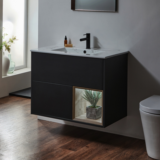 Milano Bexley - Black Grey 812mm Wall Hung Open Shelf Vanity Unit with Marble Effect Basin and LED Light