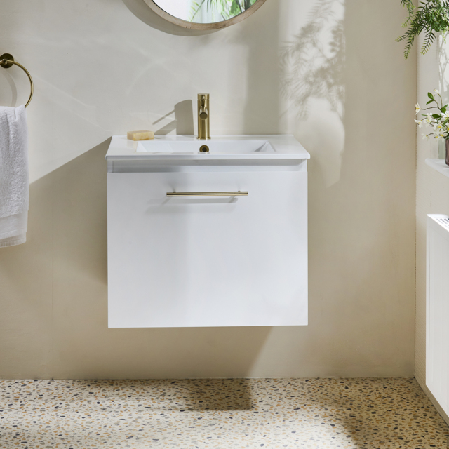 Milano Lurus - White 600mm Modern Wall Hung Vanity Unit with Basin and Brushed Brass T-Bar Handle