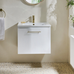Milano Lurus - White 600mm Modern Wall Hung Vanity Unit with Basin and Brushed Brass T-Bar Handle