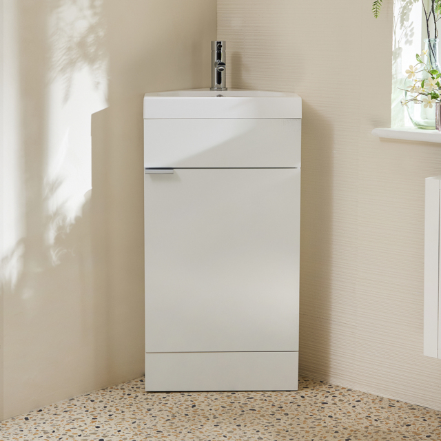 Milano Lurus - White 450mm Modern Cloakroom Corner Vanity Unit with Basin and Chrome Finger Pull Handles