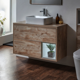 Milano Bexley - Light Oak 1000mm Wall Hung Open Shelf Vanity Unit with Rectangular Countertop Basin and LED Light