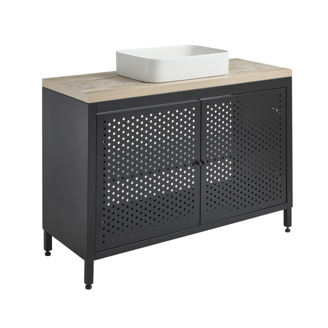 Milano Beswick - Black Metal 1200mm Vanity Unit with Light Oak Countertop and Elements Rectangular Chalk Basin