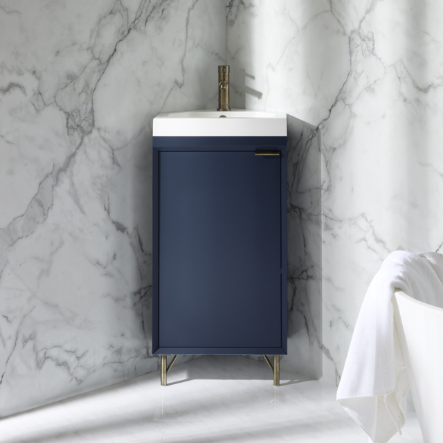 Milano Edge - Navy Blue 450mm Modern Cloakroom Corner Vanity Unit with Basin and Aged Gold Finger Pull Handle