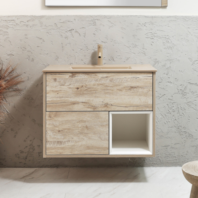 Milano Bexley - 812mm Wall Hung Light Oak Open Shelf Vanity Unit with Sand Basin and LED Light